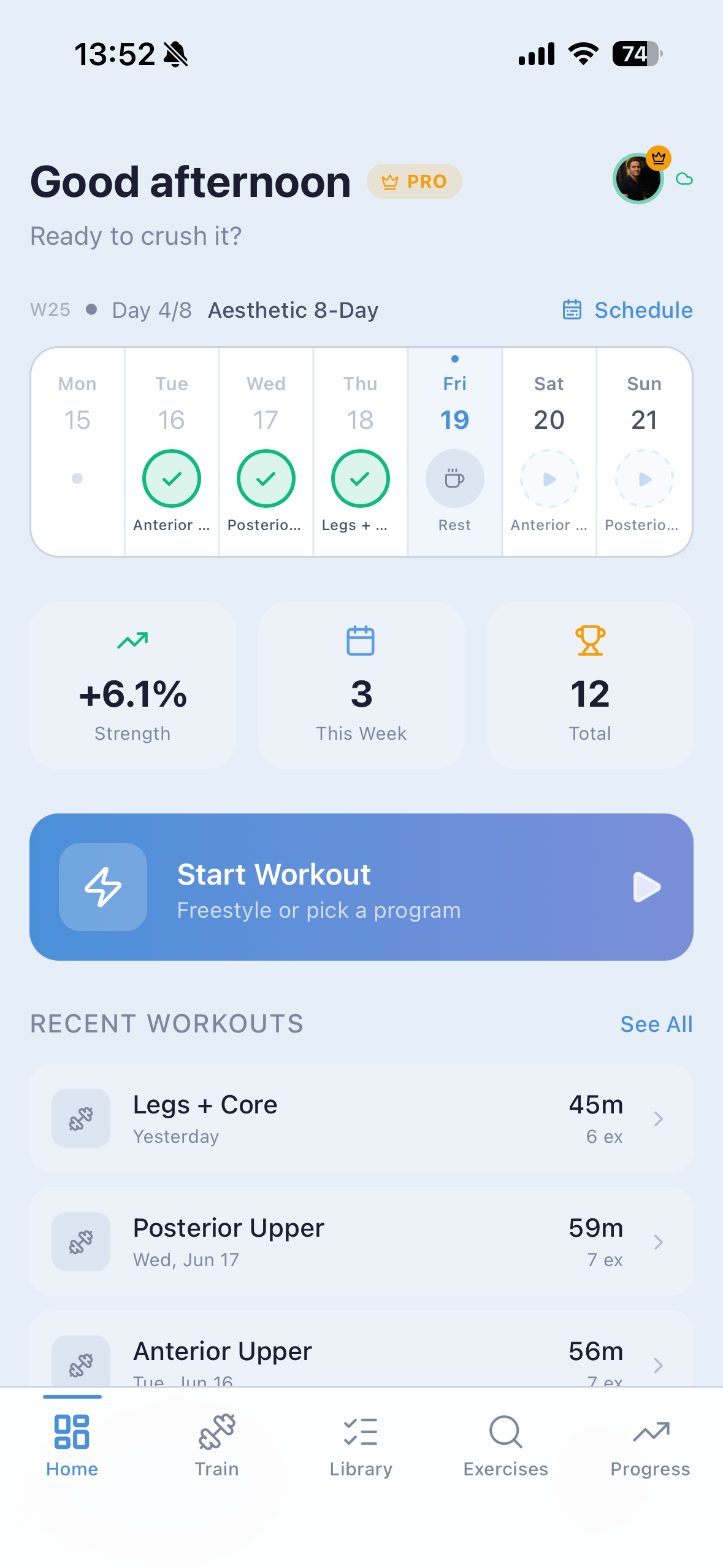 NorseLift app dashboard in light mode showing workout tracking, weekly calendar, and progress stats