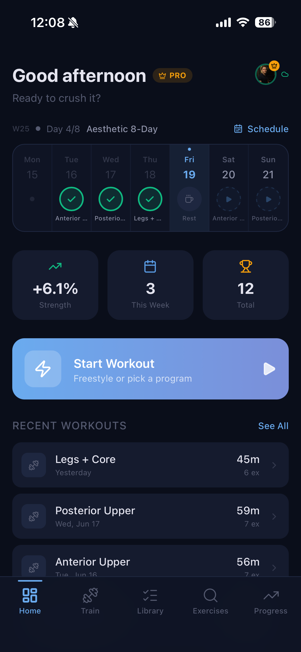 NorseLift app dashboard showing workout tracking, weekly calendar, and progress stats