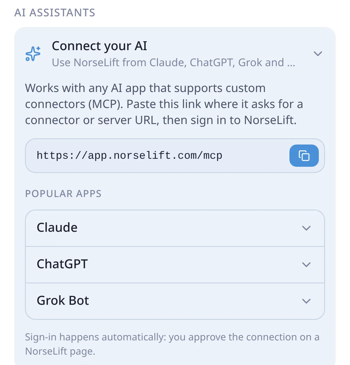 NorseLift Settings showing the Connect your AI card with the MCP URL https://app.norselift.com/mcp and a copy button