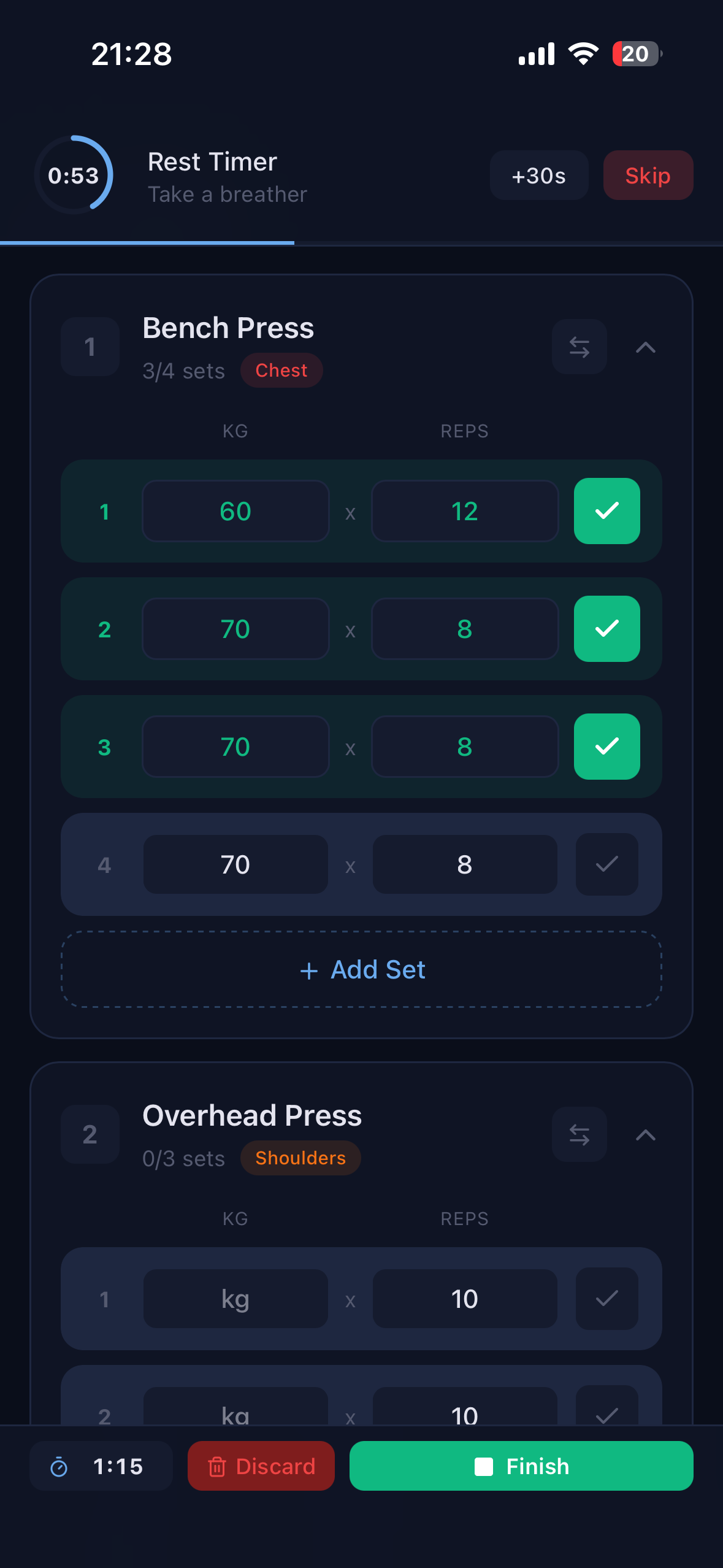 NorseLift active workout in dark mode